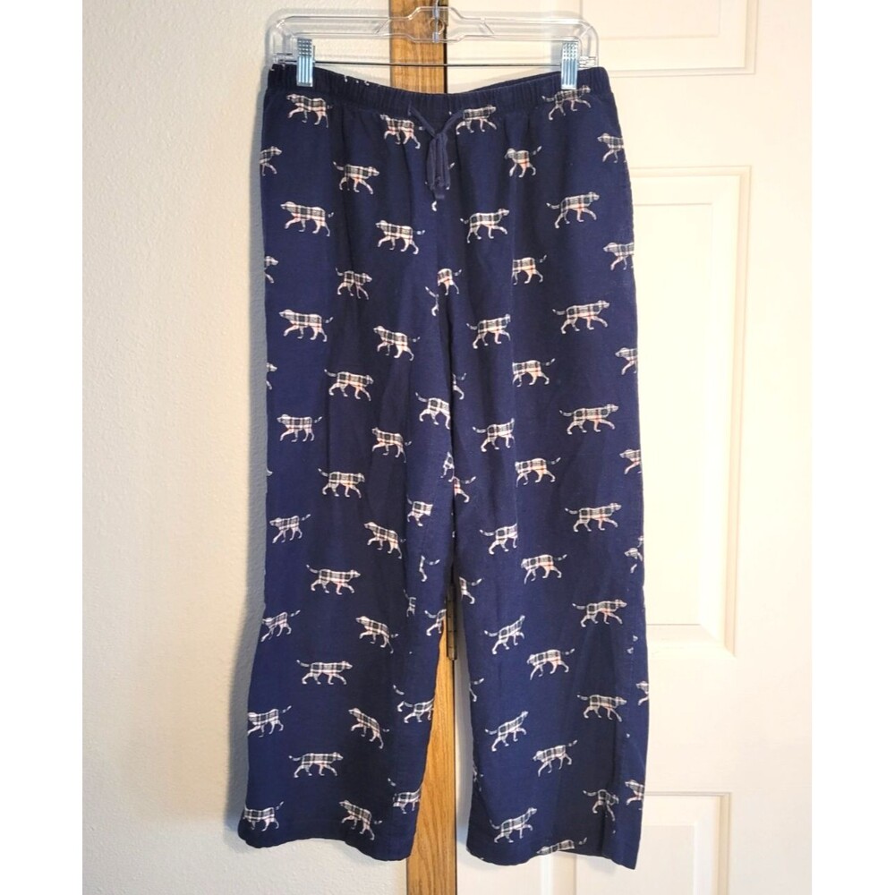 LL Bean Flannel Pajama Pants Womens M Navy Blue Plaid Dog Print Pockets Novelty
